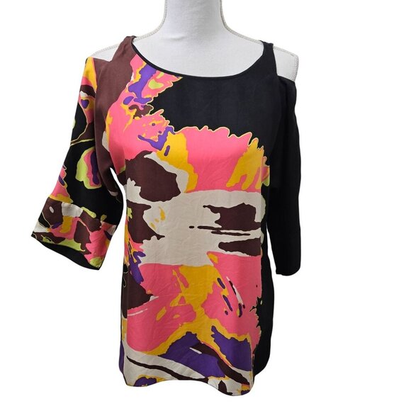 Tibi Silk Mini Dress Tunic Womens‎ size 4 Black Pink Cold Shoulder Mod Shift - Picture 1 of 9